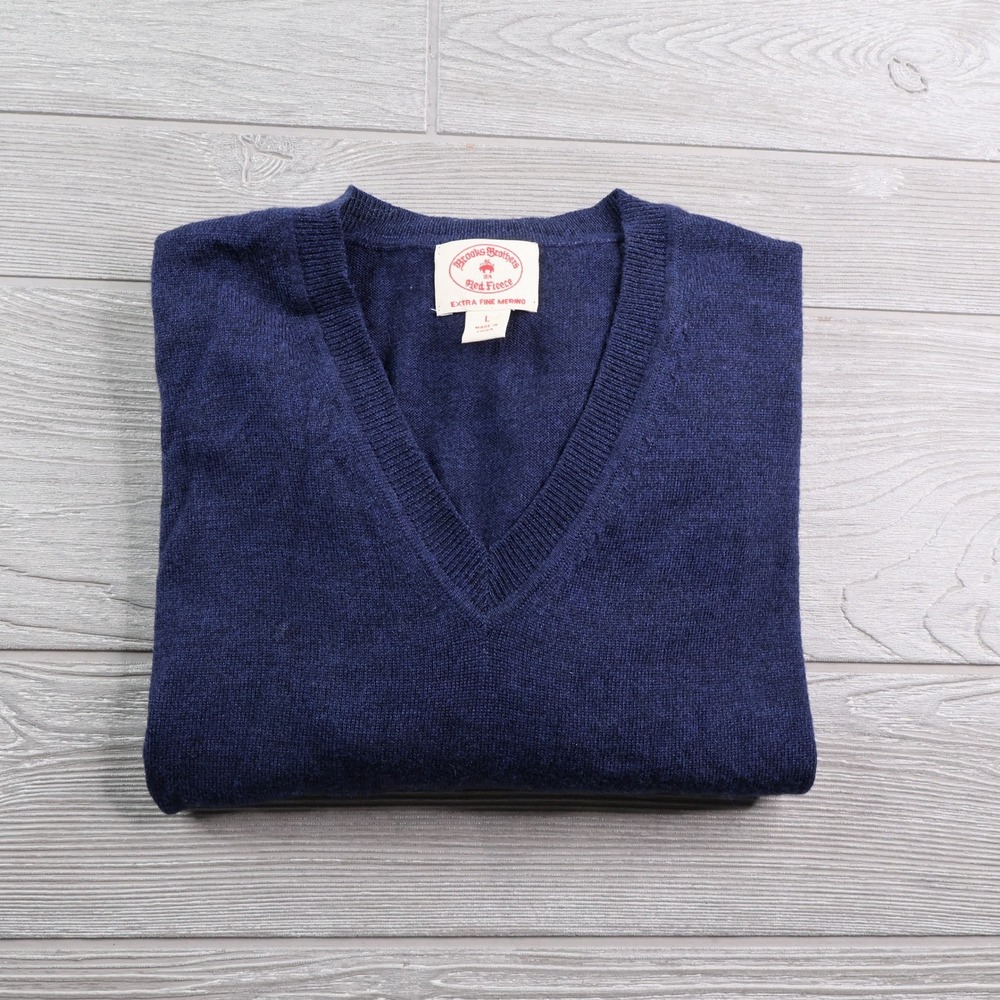 Brooks Brothers Red Fleece Extra Fine Merino Wool V-Neck Sweater Mens L Navy